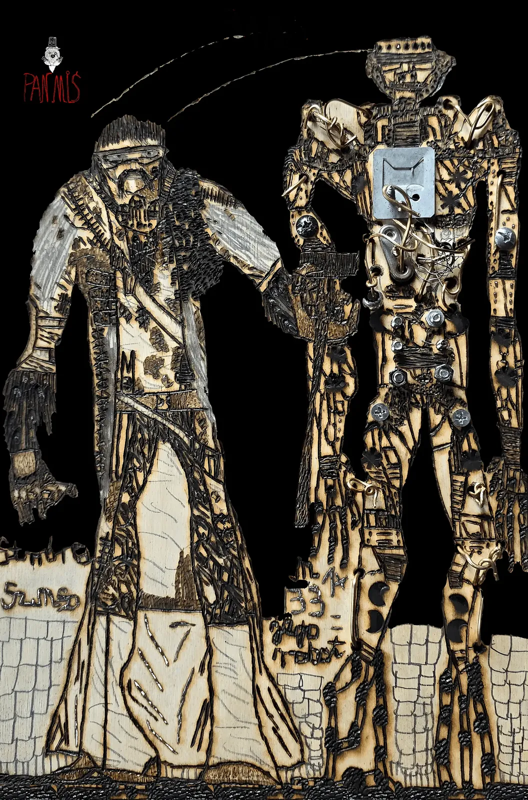 Dwie postacie z jasnego drewna na czarnym tle: hologram stwórcy i robot M1x133