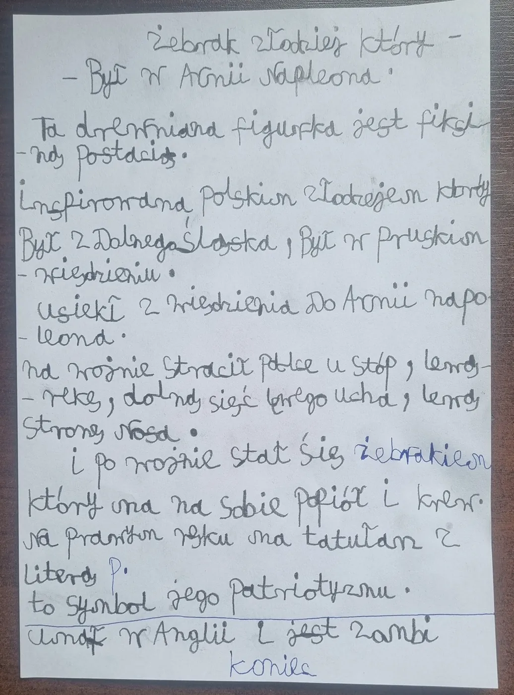 Kartka zapisana odręcznie ołówkiem i długopisem: opis Żebraka Złodzieja