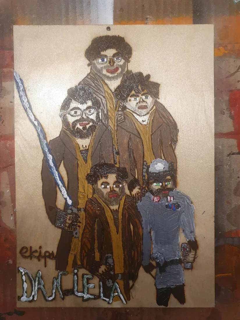 The same board painted: five figures in browns and greys on a golden ground