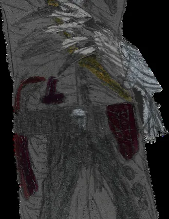 Fragment rysunku: pas z pistoletem i nożem