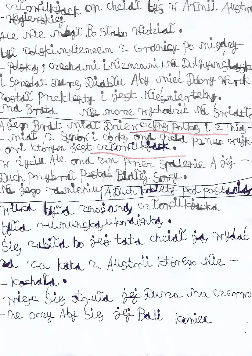 Odręczny opis Człowilkjacka na kartce w linie