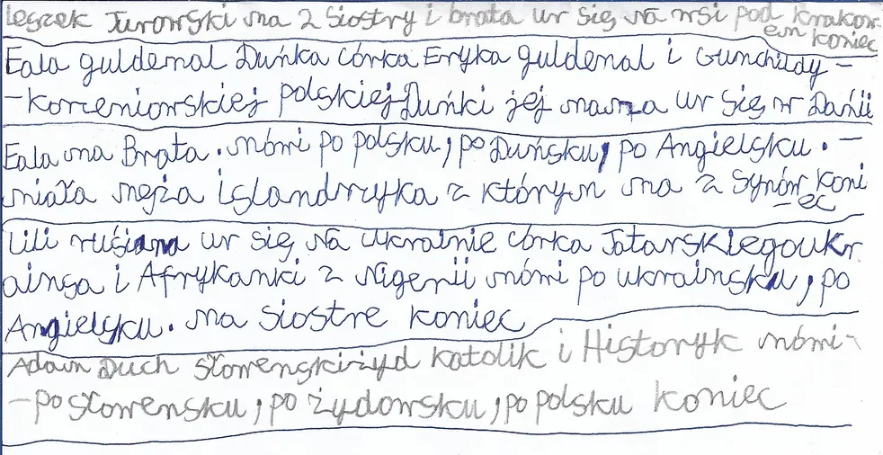 Odręczny opis czworga postaci długopisem na kartce w kratkę