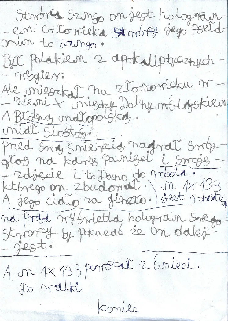Odręczny opis Stwórcy Szans ołówkiem i długopisem na kartce