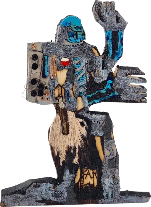 Cyborg z niebieską głową, obwieszony częściami maszyn