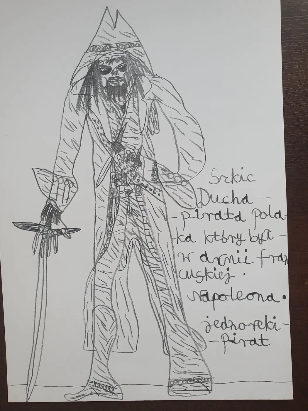 Szkic ołówkiem: pirat w kapeluszu z szablą, obok odręczny napis Szkic ducha pirata Polaka