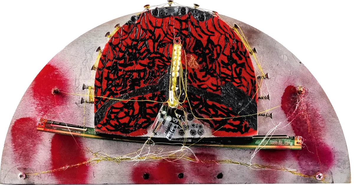 A semicircular board with a red brain wrapped in wires, with an electronic circuit board beneath it